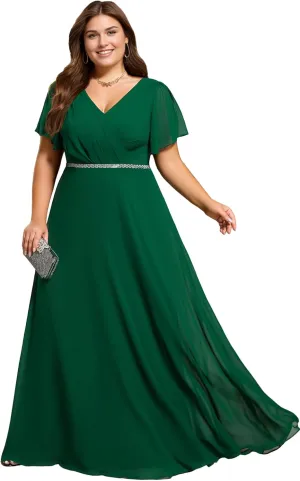 Ever-Pretty Beading Waist A Line Short Sleeves Chiffon Plus Size Maxi Formal Evening Dresses for Curvy Women 11981-DA