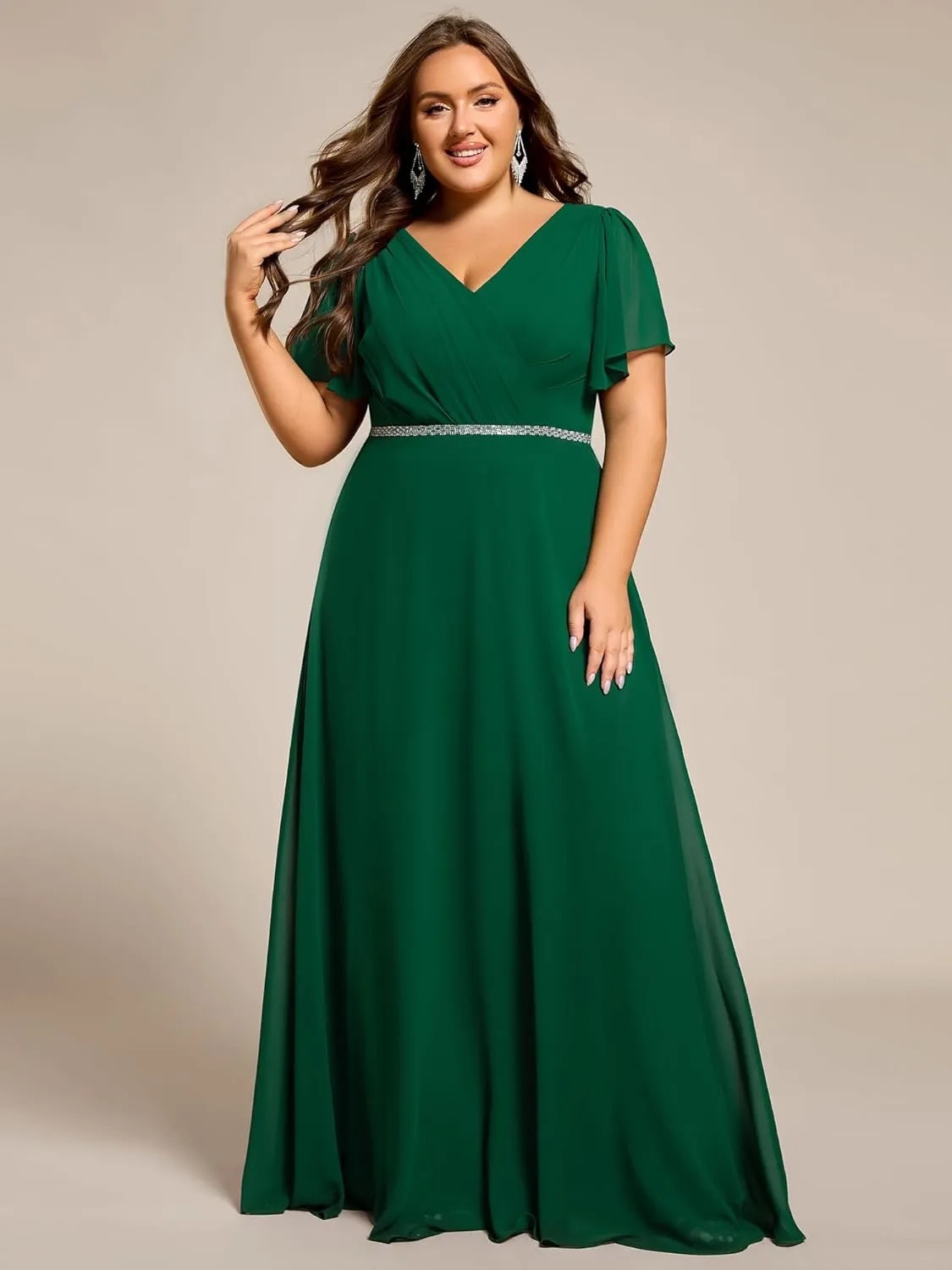 Ever-Pretty Beading Waist A Line Short Sleeves Chiffon Plus Size Maxi Formal Evening Dresses for Curvy Women 11981-DA