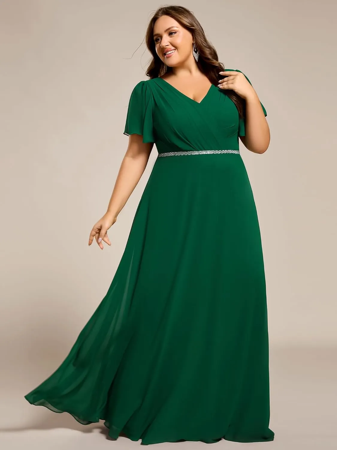 Ever-Pretty Beading Waist A Line Short Sleeves Chiffon Plus Size Maxi Formal Evening Dresses for Curvy Women 11981-DA