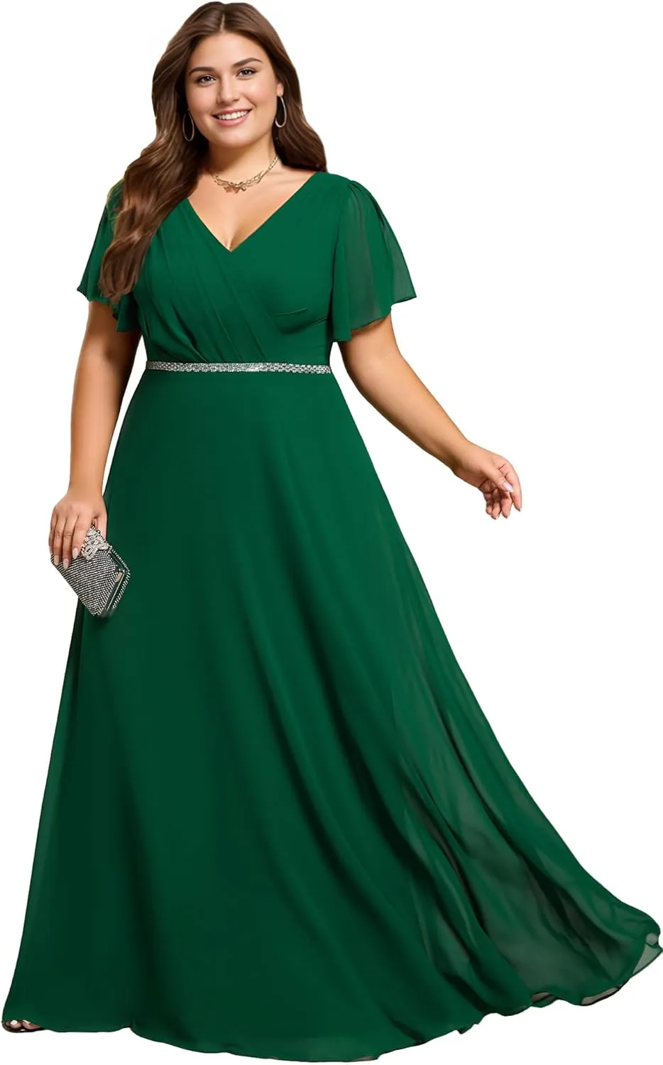 Ever-Pretty Beading Waist A Line Short Sleeves Chiffon Plus Size Maxi Formal Evening Dresses for Curvy Women 11981-DA