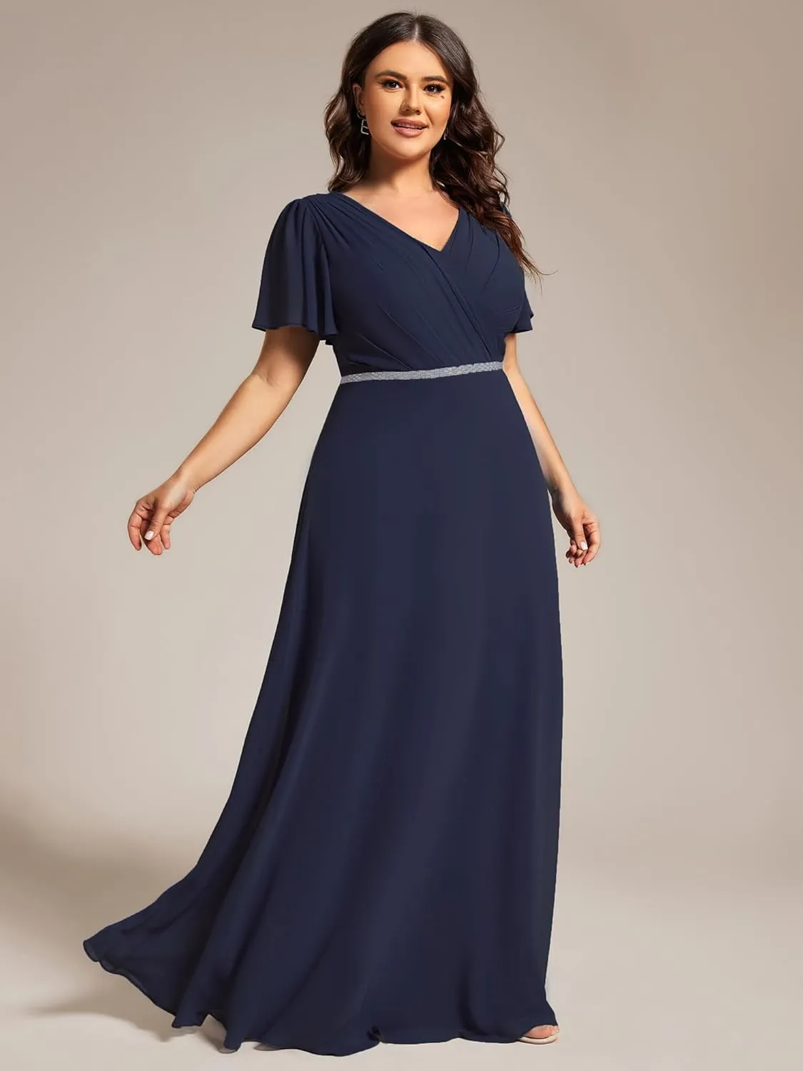 Ever-Pretty Beading Waist A Line Short Sleeves Chiffon Plus Size Maxi Formal Evening Dresses for Curvy Women 11981-DA