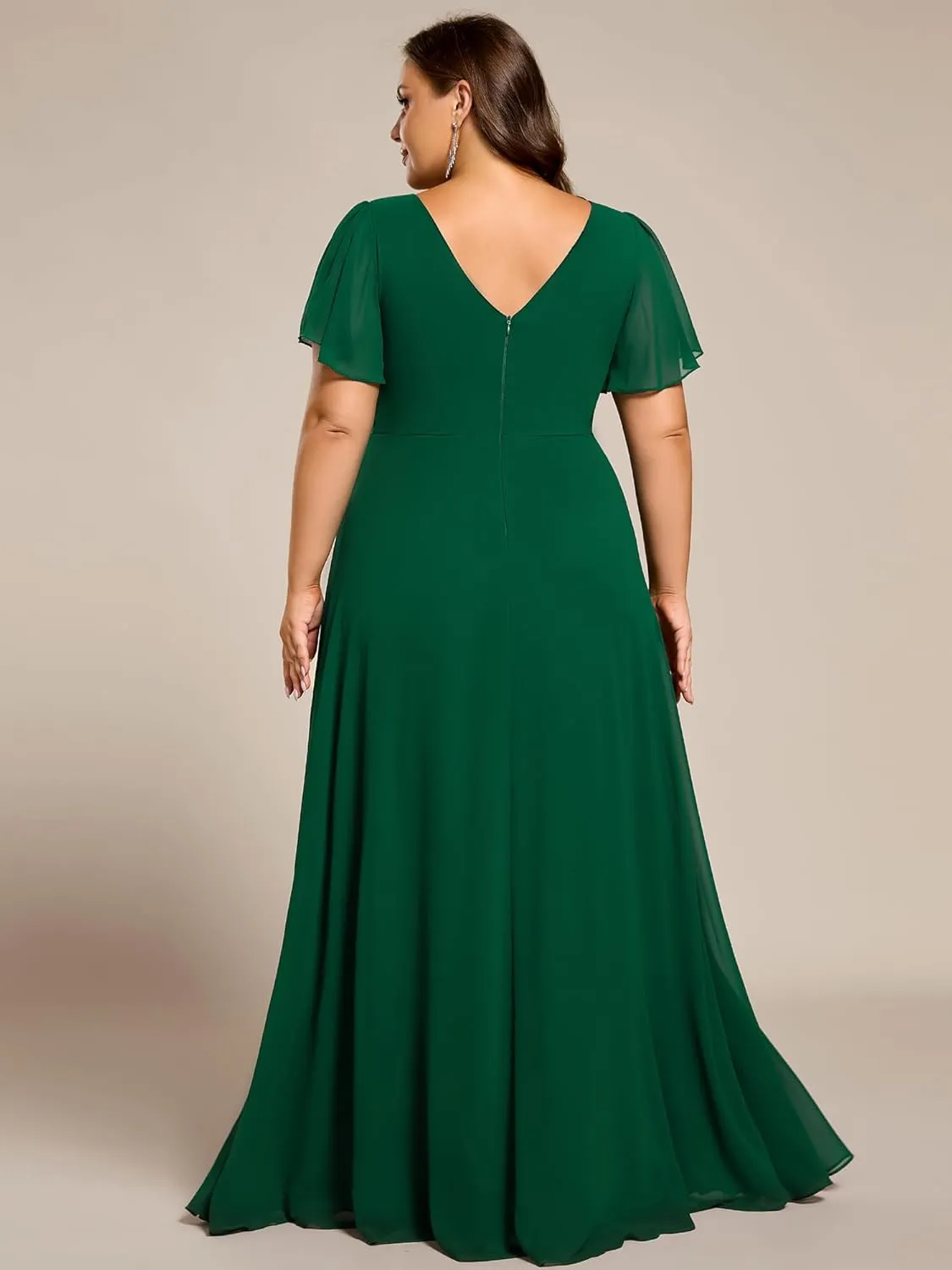 Ever-Pretty Beading Waist A Line Short Sleeves Chiffon Plus Size Maxi Formal Evening Dresses for Curvy Women 11981-DA