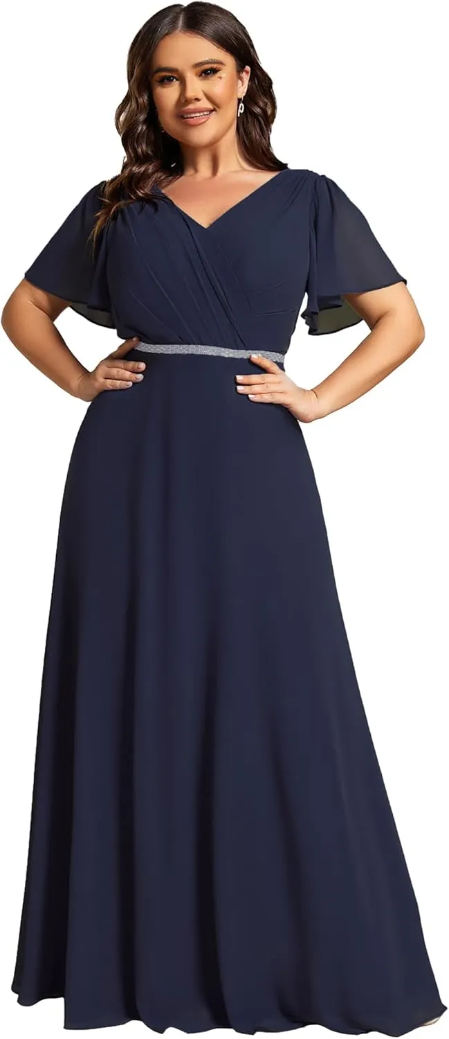 Ever-Pretty Beading Waist A Line Short Sleeves Chiffon Plus Size Maxi Formal Evening Dresses for Curvy Women 11981-DA