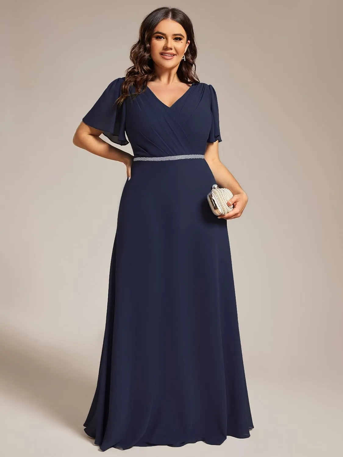 Ever-Pretty Beading Waist A Line Short Sleeves Chiffon Plus Size Maxi Formal Evening Dresses for Curvy Women 11981-DA