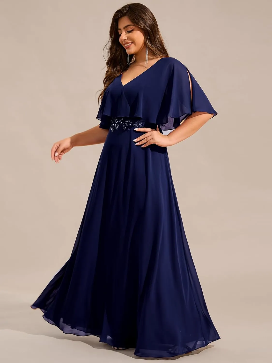 Ever-Pretty Plus Women's Ball Gown V-Neck A Line Chiffon Applique Shawl Short Sleeves Maxi Plus Size Formal Dresses 02289-DA
