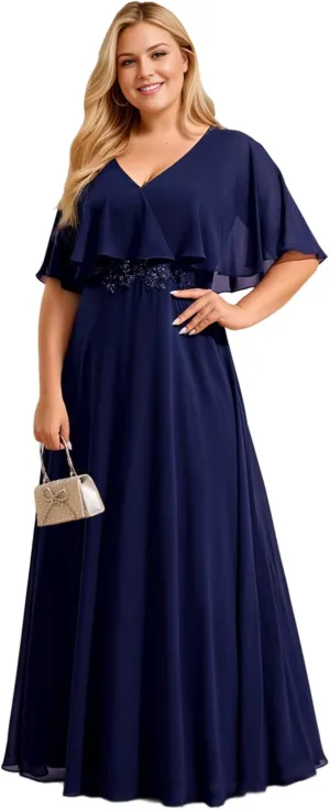 Ever-Pretty Plus Women's Ball Gown V-Neck A Line Chiffon Applique Shawl Short Sleeves Maxi Plus Size Formal Dresses 02289-DA