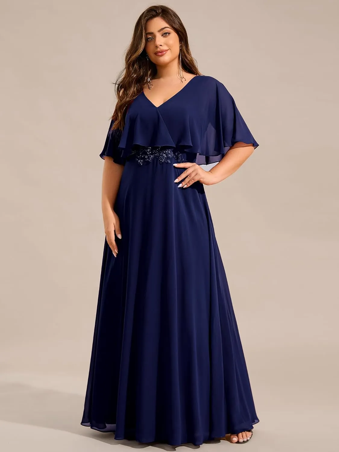 Ever-Pretty Plus Women's Ball Gown V-Neck A Line Chiffon Applique Shawl Short Sleeves Maxi Plus Size Formal Dresses 02289-DA