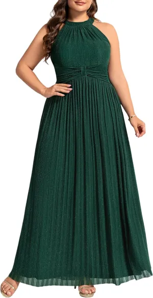 Ever-Pretty Plus Women's Floor Length A-Line Summer Halter Sleeveless Glitter Plus Size Formal Dress Evening Gown