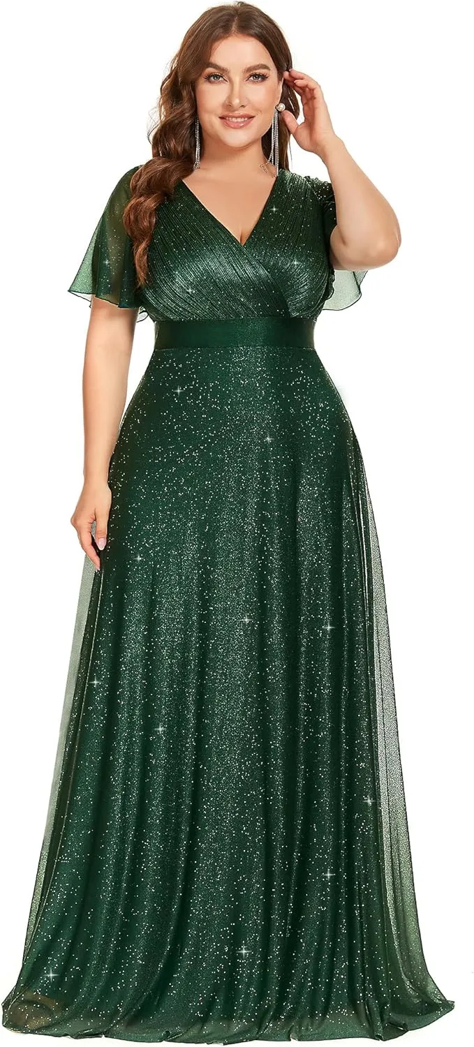 Ever-Pretty Plus Women's Glitter Eveing Gown V-Neck Long Shimmery Flutter Sleeve Plus Size Formal Dress