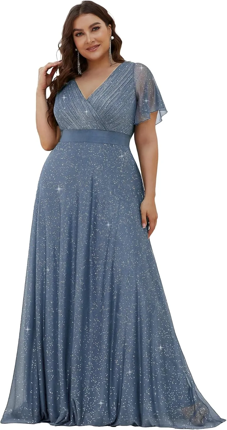 Ever-Pretty Plus Women's Glitter Eveing Gown V-Neck Long Shimmery Flutter Sleeve Plus Size Formal Dress