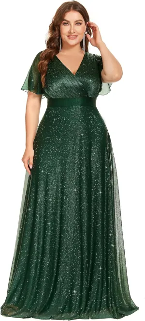 Ever-Pretty Plus Women's Glitter Eveing Gown V-Neck Long Shimmery Flutter Sleeve Plus Size Formal Dress