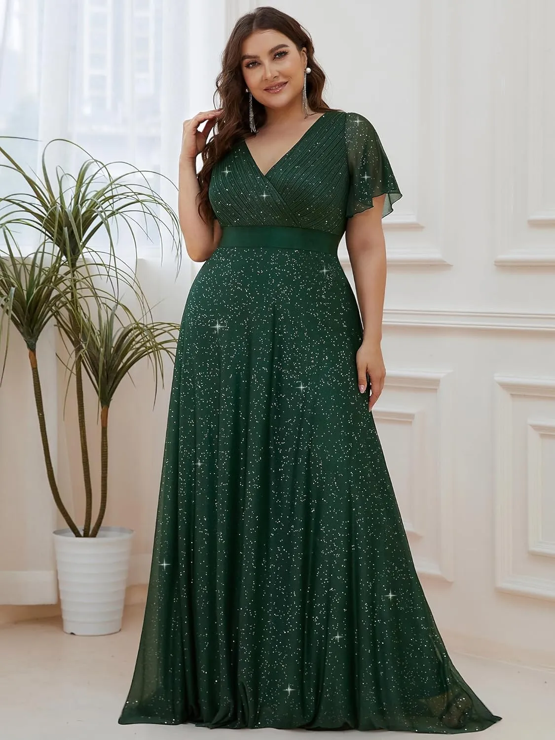 Ever-Pretty Plus Women's Glitter Eveing Gown V-Neck Long Shimmery Flutter Sleeve Plus Size Formal Dress