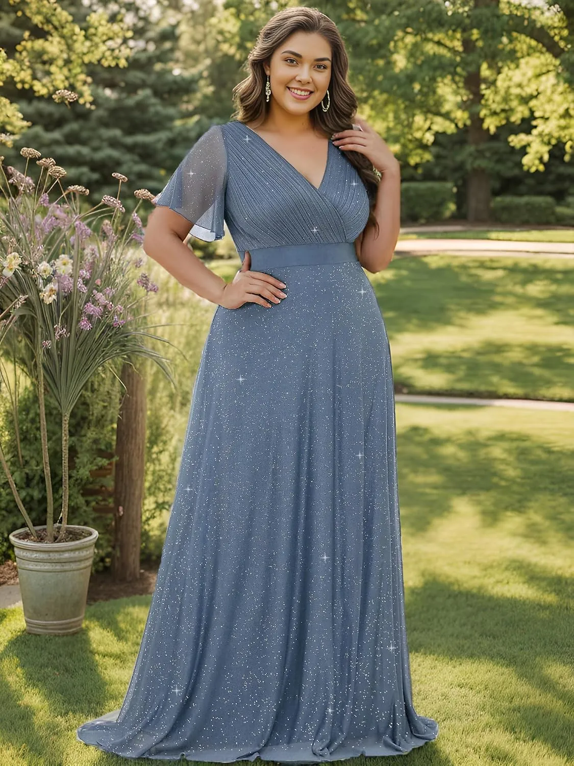 Ever-Pretty Plus Women's Glitter Eveing Gown V-Neck Long Shimmery Flutter Sleeve Plus Size Formal Dress