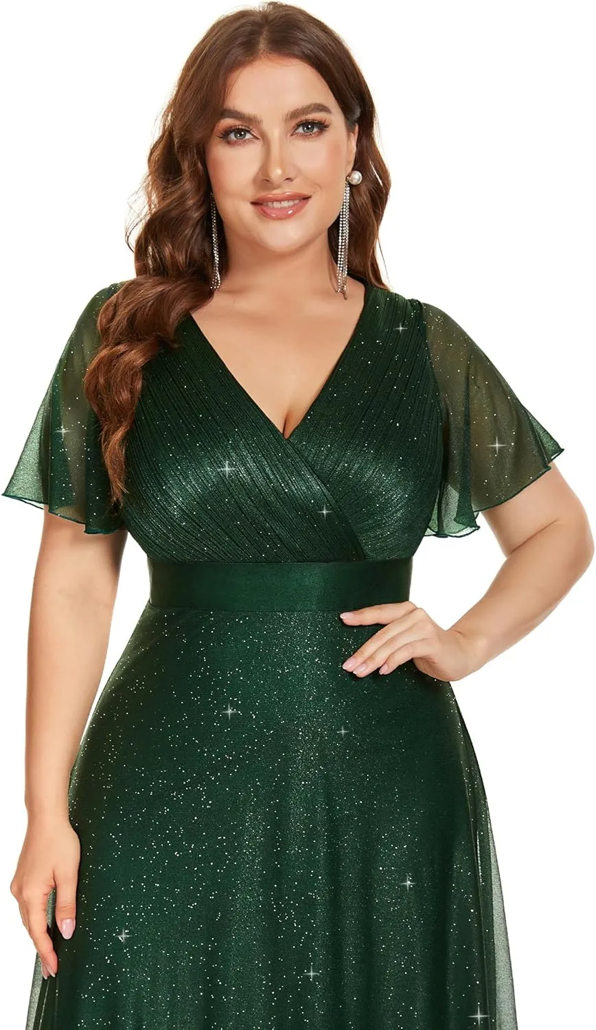 Ever-Pretty Plus Women's Glitter Eveing Gown V-Neck Long Shimmery Flutter Sleeve Plus Size Formal Dress
