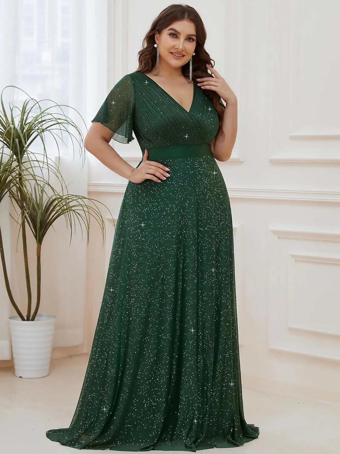 Ever-Pretty Plus Women's Glitter Eveing Gown V-Neck Long Shimmery Flutter Sleeve Plus Size Formal Dress