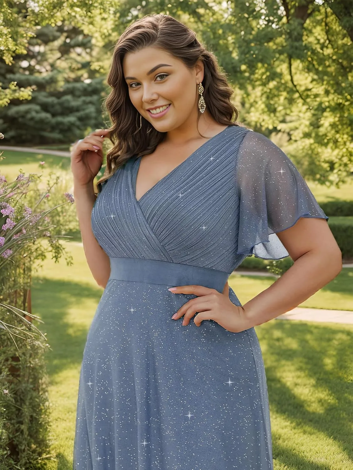 Ever-Pretty Plus Women's Glitter Eveing Gown V-Neck Long Shimmery Flutter Sleeve Plus Size Formal Dress