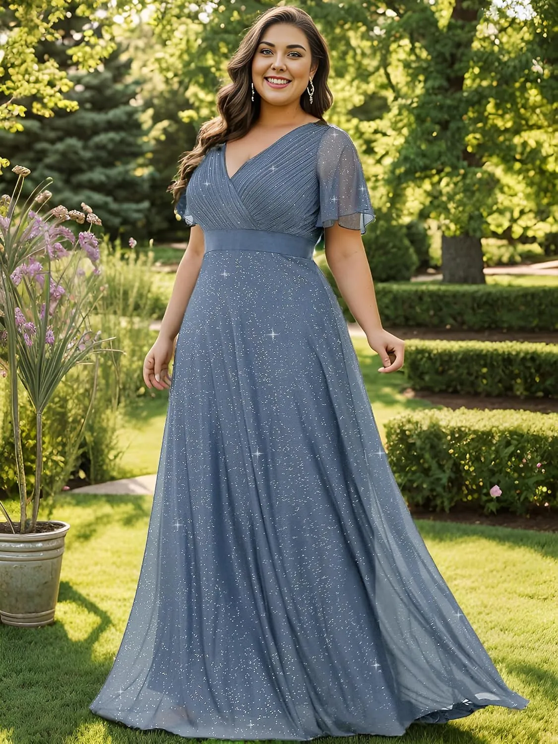Ever-Pretty Plus Women's Glitter Eveing Gown V-Neck Long Shimmery Flutter Sleeve Plus Size Formal Dress