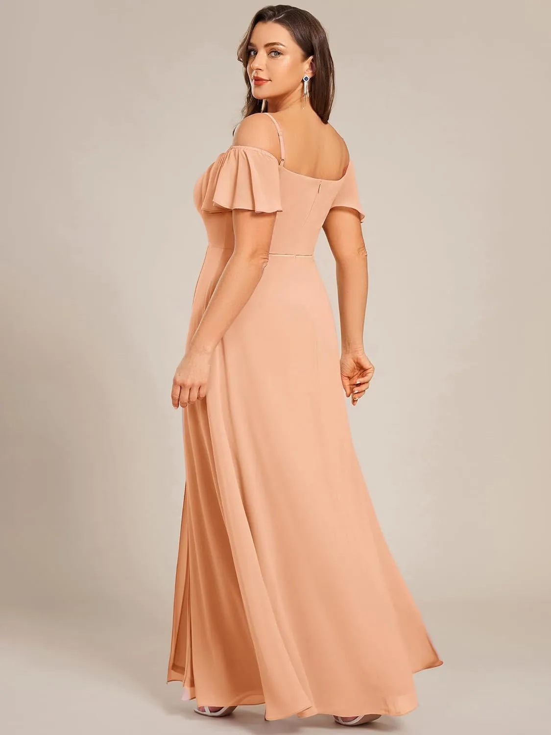 Ever-Pretty Plus Women's Off Shoulder Ruffles Sleeves Side Slit Chiffon Plus Size Bridesmaid Dresses 00237-DA