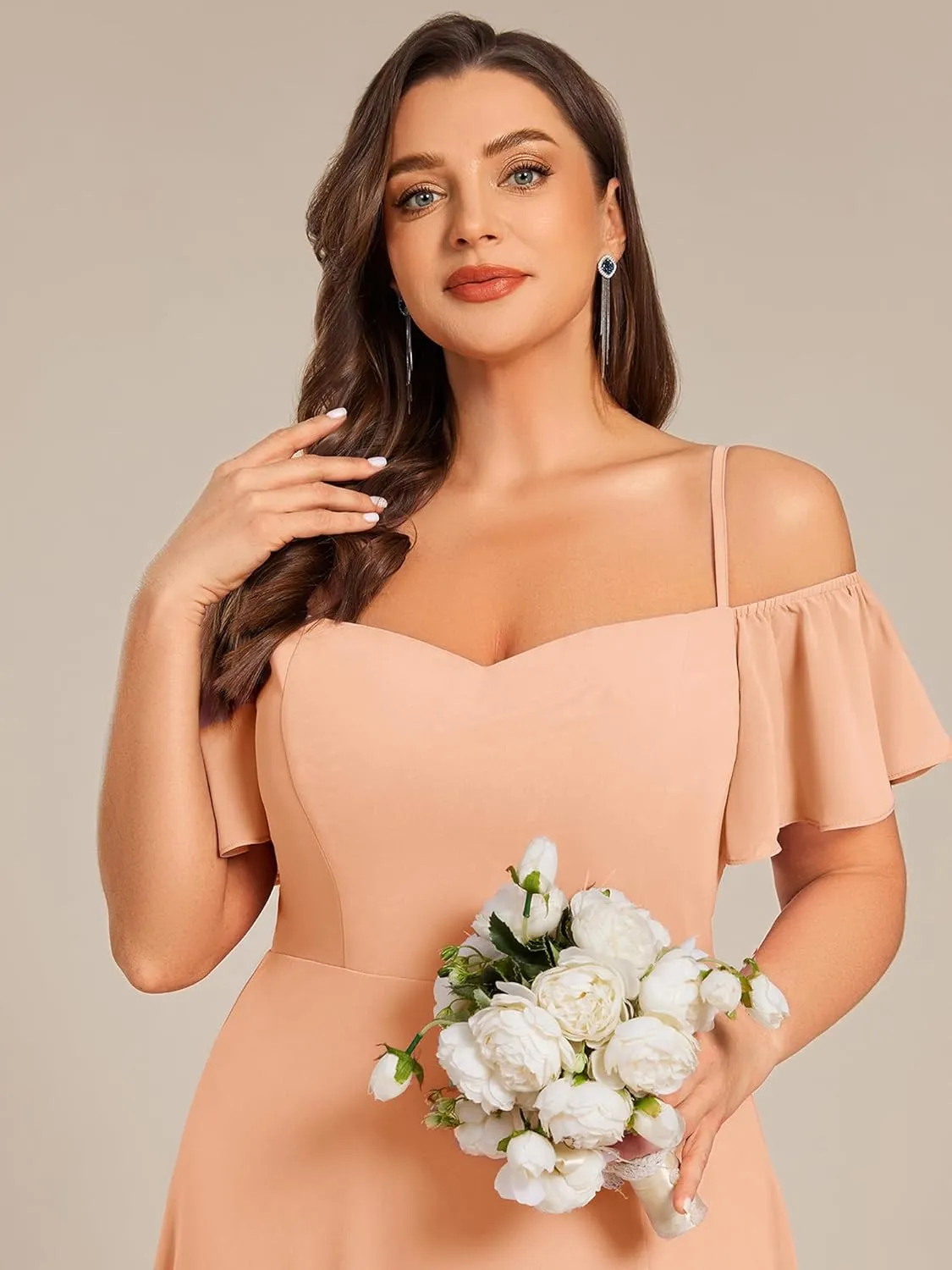 Ever-Pretty Plus Women's Off Shoulder Ruffles Sleeves Side Slit Chiffon Plus Size Bridesmaid Dresses 00237-DA