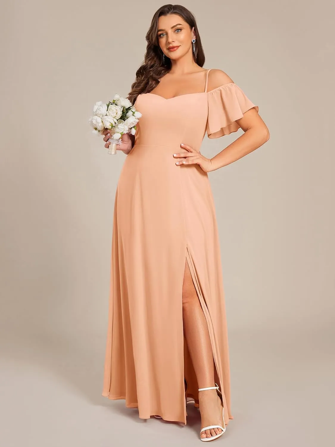 Ever-Pretty Plus Women's Off Shoulder Ruffles Sleeves Side Slit Chiffon Plus Size Bridesmaid Dresses 00237-DA