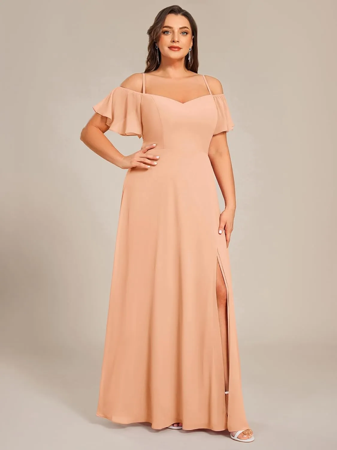 Ever-Pretty Plus Women's Off Shoulder Ruffles Sleeves Side Slit Chiffon Plus Size Bridesmaid Dresses 00237-DA