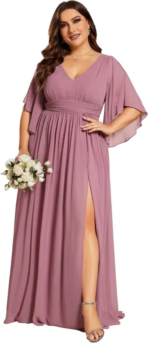 Ever-Pretty Plus Women's Plus Size V Neck Half Sleeves Slit A Line Floor Length Bridesmaid Dress 01886-DA