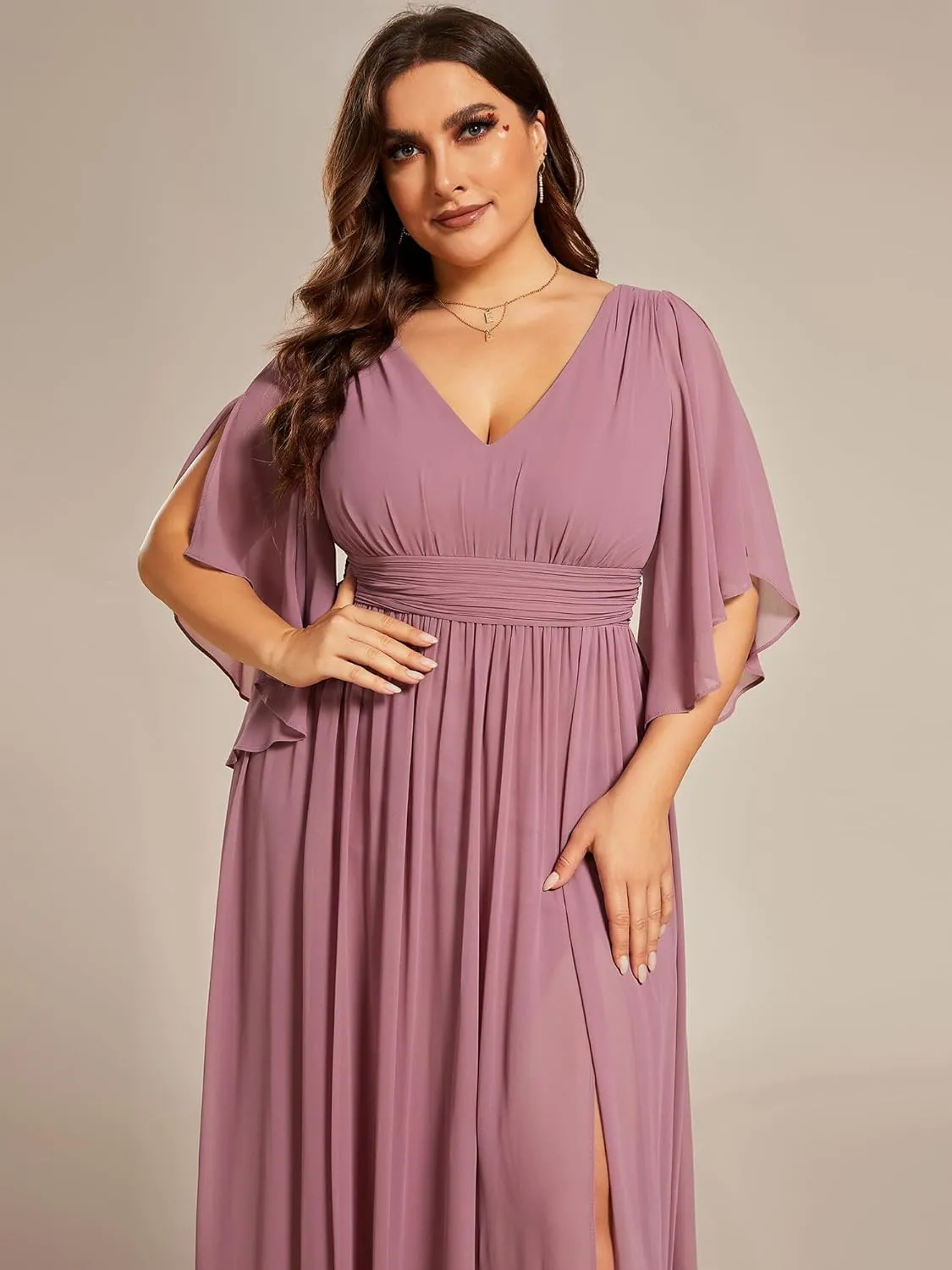 Ever-Pretty Plus Women's Plus Size V Neck Half Sleeves Slit A Line Floor Length Bridesmaid Dress 01886-DA