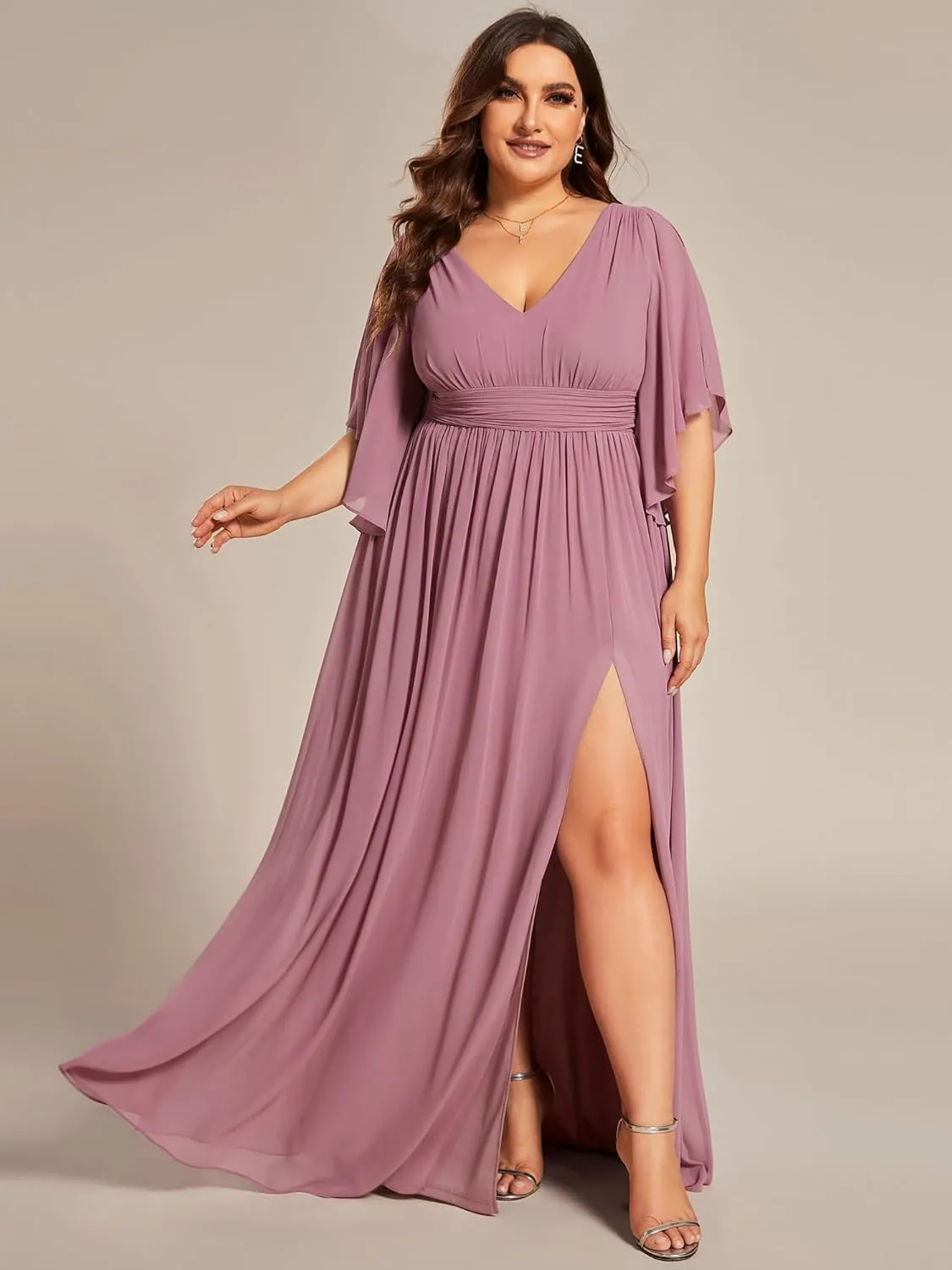 Ever-Pretty Plus Women's Plus Size V Neck Half Sleeves Slit A Line Floor Length Bridesmaid Dress 01886-DA