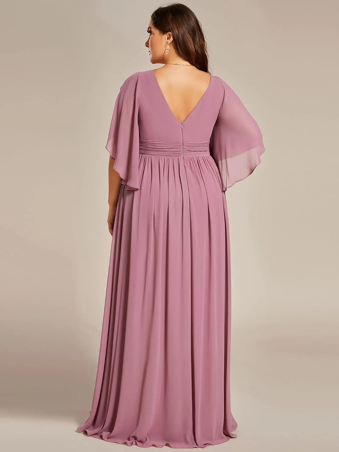 Ever-Pretty Plus Women's Plus Size V Neck Half Sleeves Slit A Line Floor Length Bridesmaid Dress 01886-DA