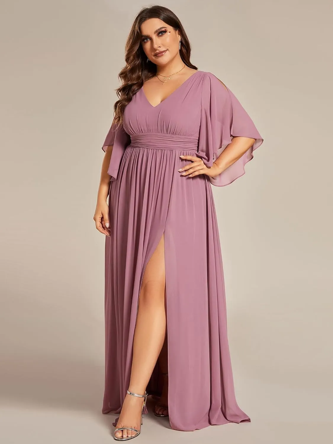 Ever-Pretty Plus Women's Plus Size V Neck Half Sleeves Slit A Line Floor Length Bridesmaid Dress 01886-DA