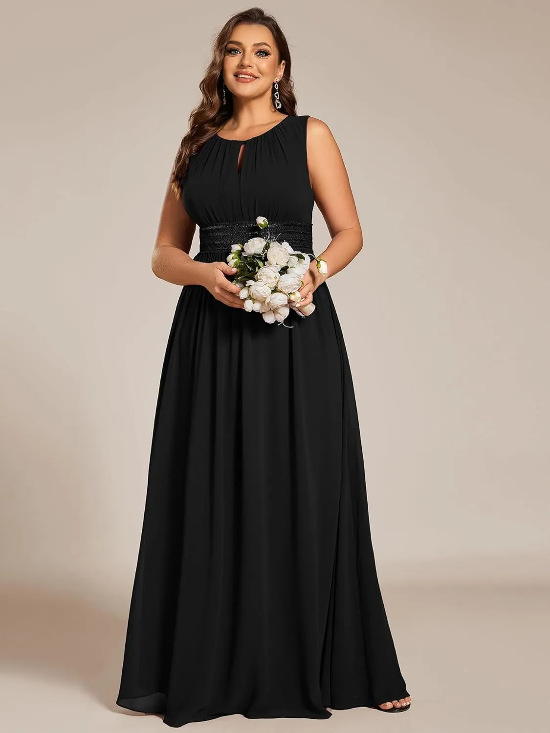 Ever-Pretty Plus Women's Round Neck A Line Sequin Waist Hollow Out Plus Size Chiffon Maxi Formal Bridesmaid Dresses 01955-DA