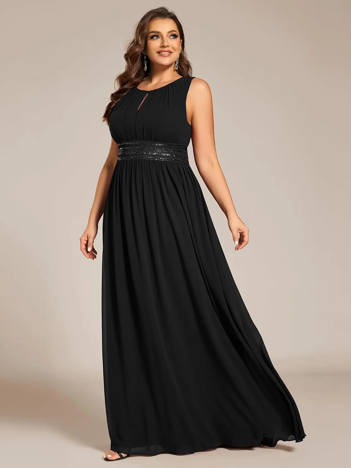 Ever-Pretty Plus Women's Round Neck A Line Sequin Waist Hollow Out Plus Size Chiffon Maxi Formal Bridesmaid Dresses 01955-DA