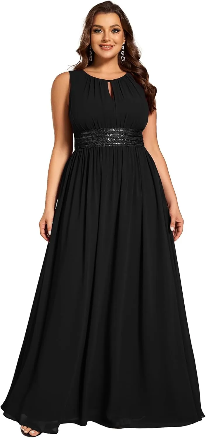 Ever-Pretty Plus Women's Round Neck A Line Sequin Waist Hollow Out Plus Size Chiffon Maxi Formal Bridesmaid Dresses 01955-DA