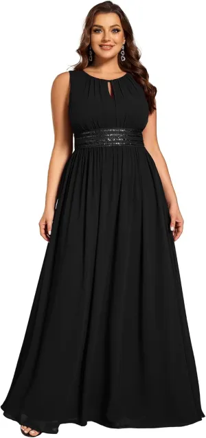 Ever-Pretty Plus Women's Summer Round Neck Sleeveless Empire Waist A Line Elegant Chiffon Plus Size Formal Dresses for Women