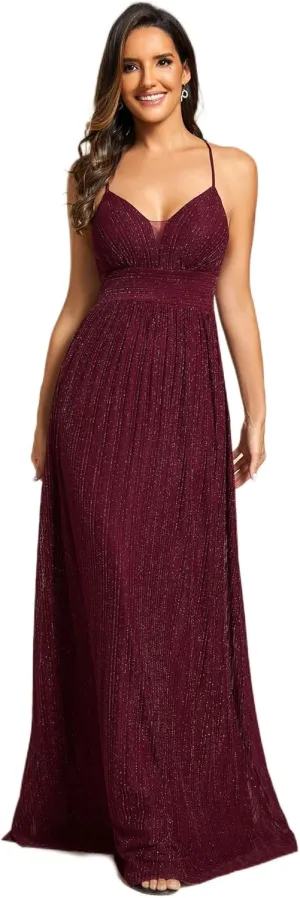 Ever-Pretty Women's A Line V Neck Backless Glitter Pleated Sleeveless Maxi Evening Dresses 21961