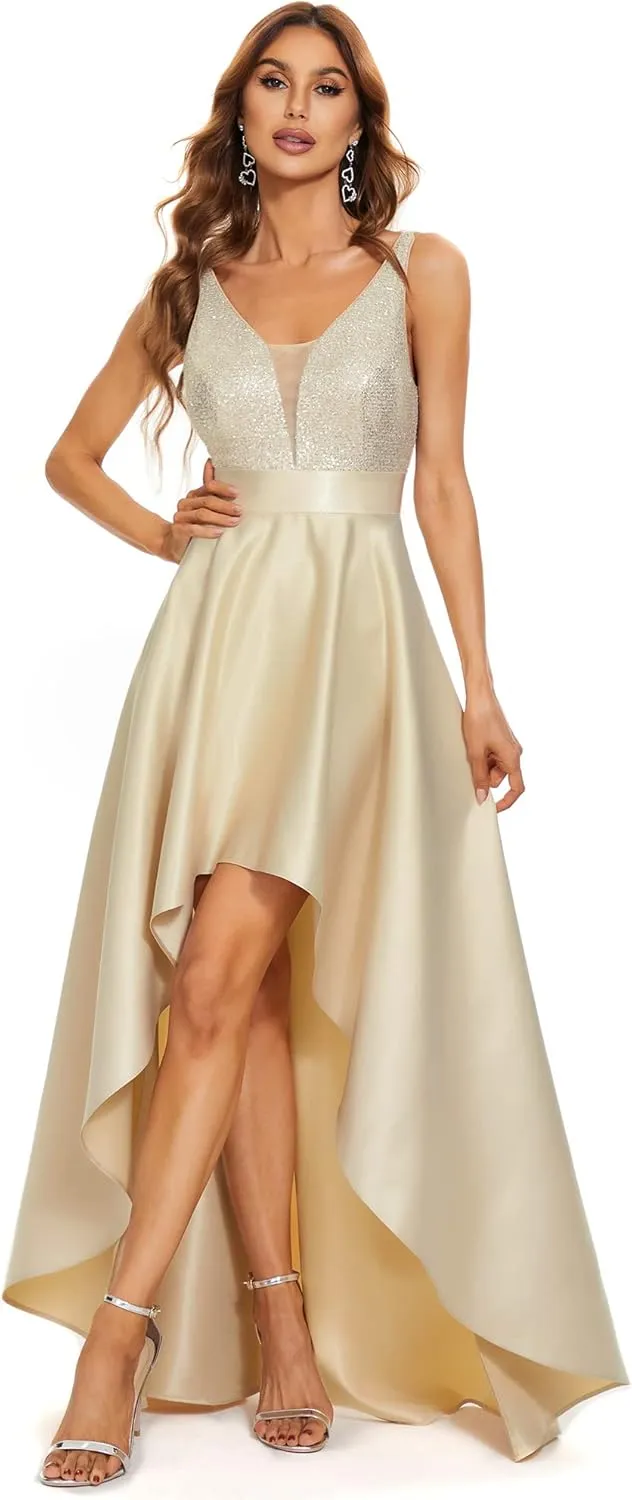 Ever-Pretty Women's Bridesmaid Dresses Summer Glitter V-Neck A-line High-Low Wedding Guest Dresses 00667