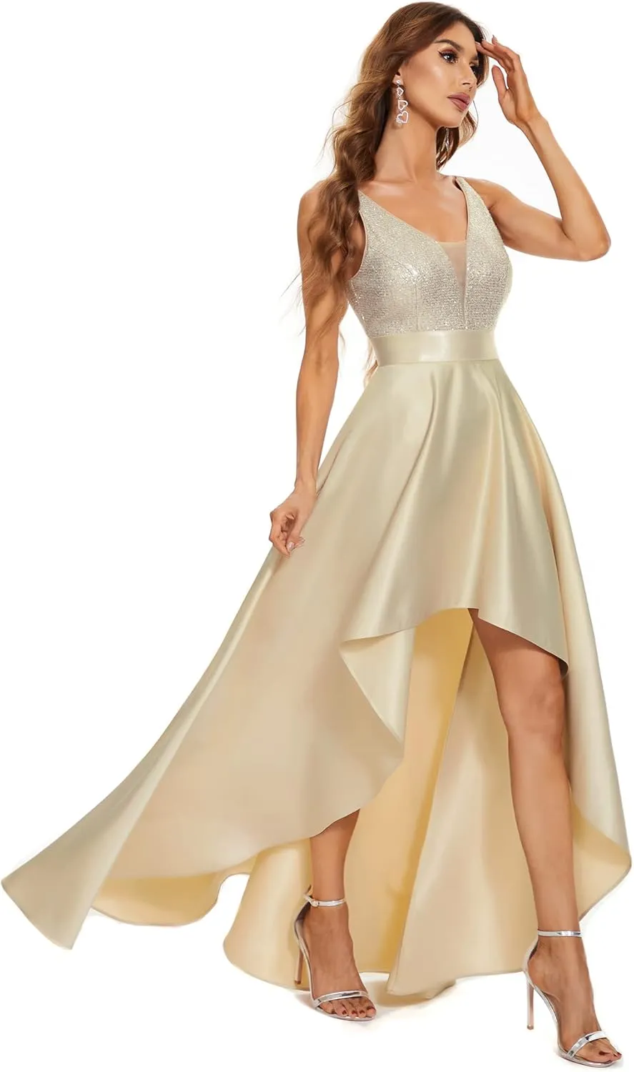 Ever-Pretty Women's Bridesmaid Dresses Summer Glitter V-Neck A-line High-Low Wedding Guest Dresses 00667