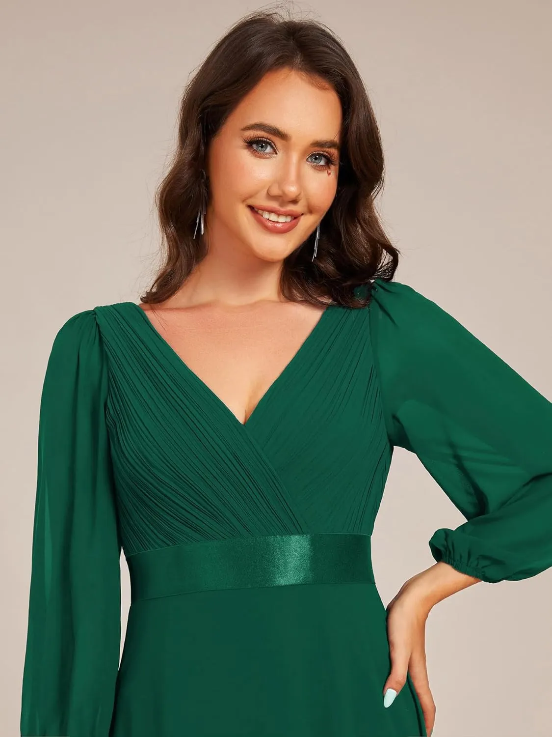 Ever-Pretty Women's Chiffon A-Line Floor Length V Neck Long Sleeves Pleated Maxi Formal Dress 03890