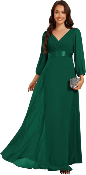 Ever-Pretty Women's Chiffon A-Line Floor Length V Neck Long Sleeves Pleated Maxi Formal Dress 03890