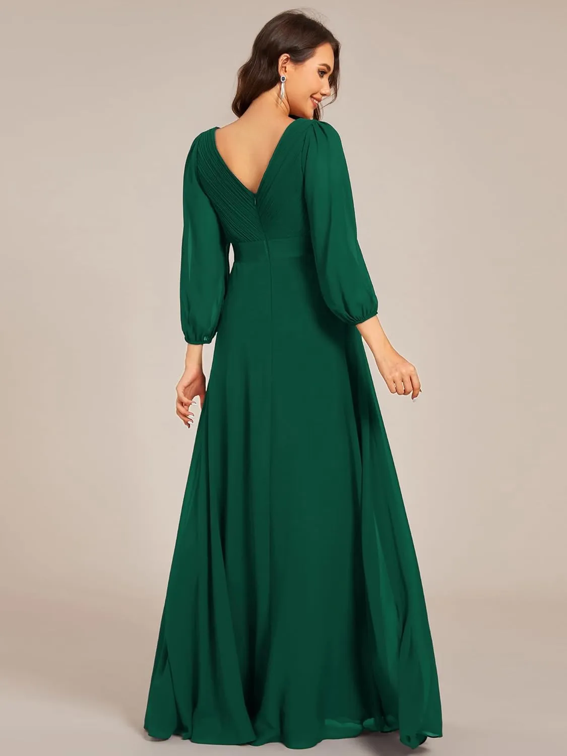 Ever-Pretty Women's Chiffon A-Line Floor Length V Neck Long Sleeves Pleated Maxi Formal Dress 03890