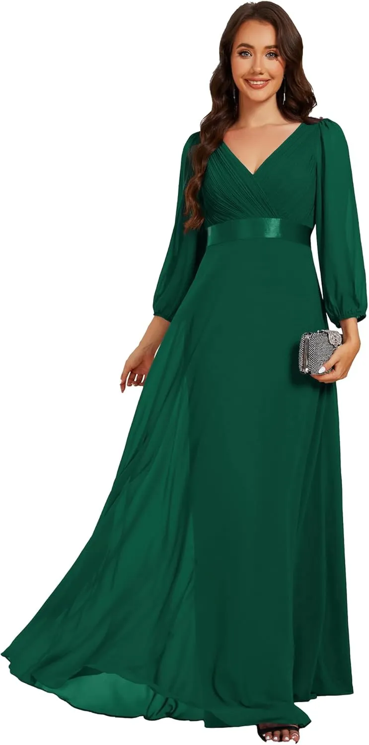 Ever-Pretty Women's Chiffon A-Line Floor Length V Neck Long Sleeves Pleated Maxi Formal Dress 03890