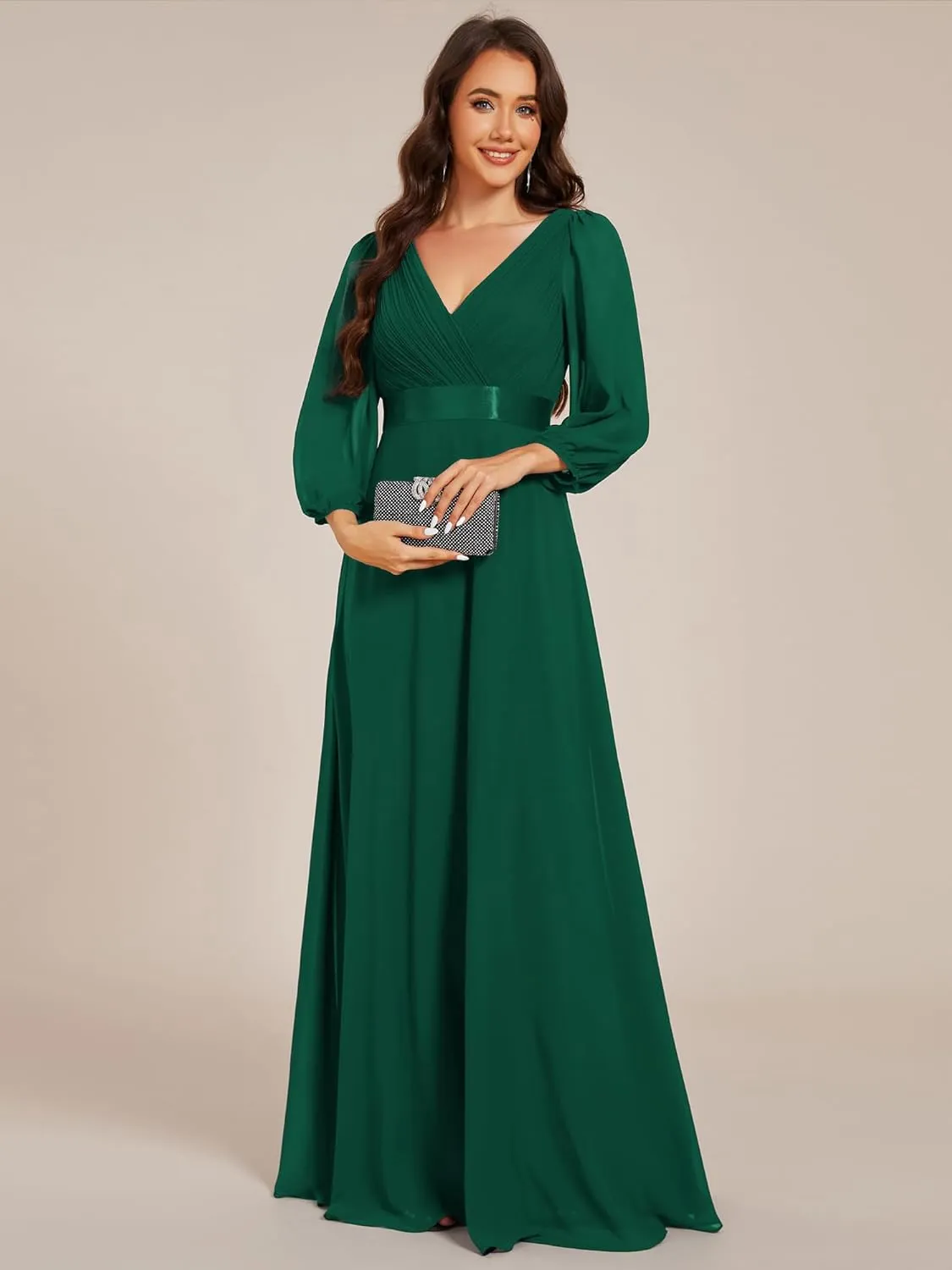 Ever-Pretty Women's Chiffon A-Line Floor Length V Neck Long Sleeves Pleated Maxi Formal Dress 03890