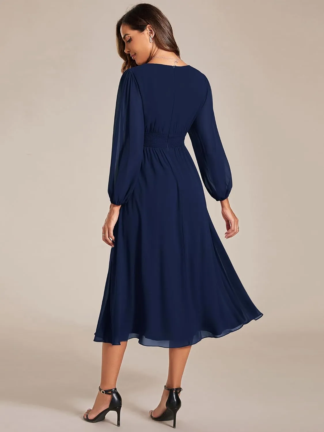 Ever-Pretty Women's Chiffon Long Sleeve Elastic Waist A-Line Knee Length Wedding Guest Dresses 01929