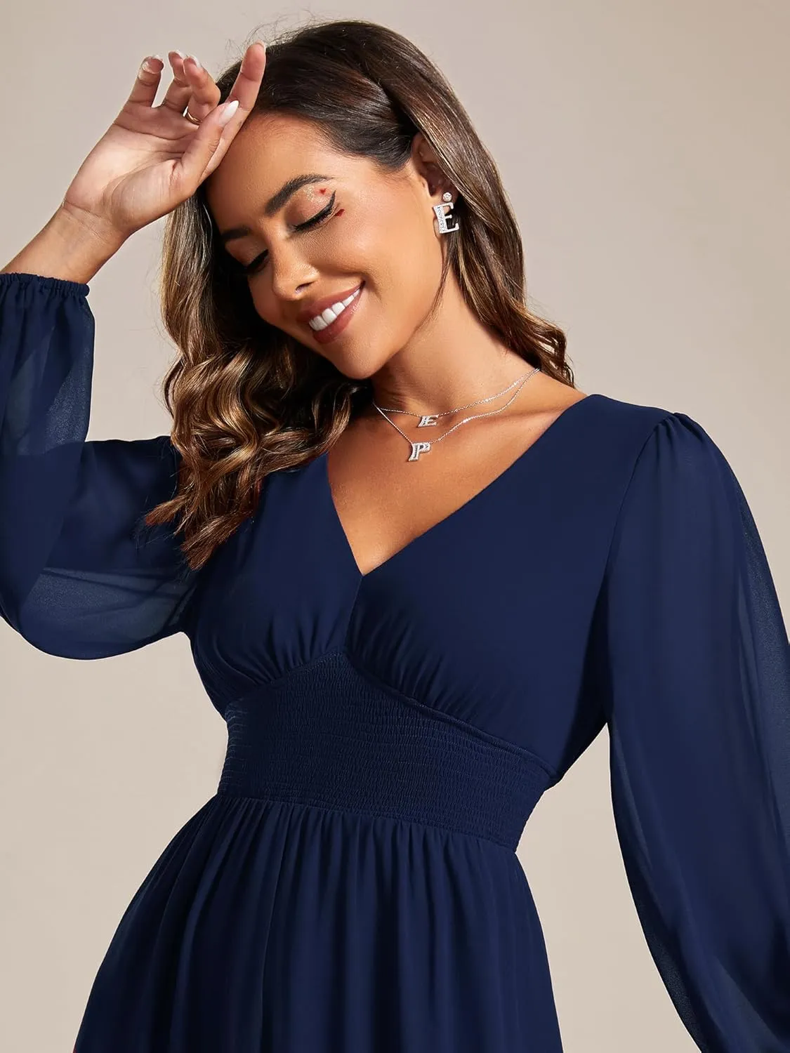 Ever-Pretty Women's Chiffon Long Sleeve Elastic Waist A-Line Knee Length Wedding Guest Dresses 01929
