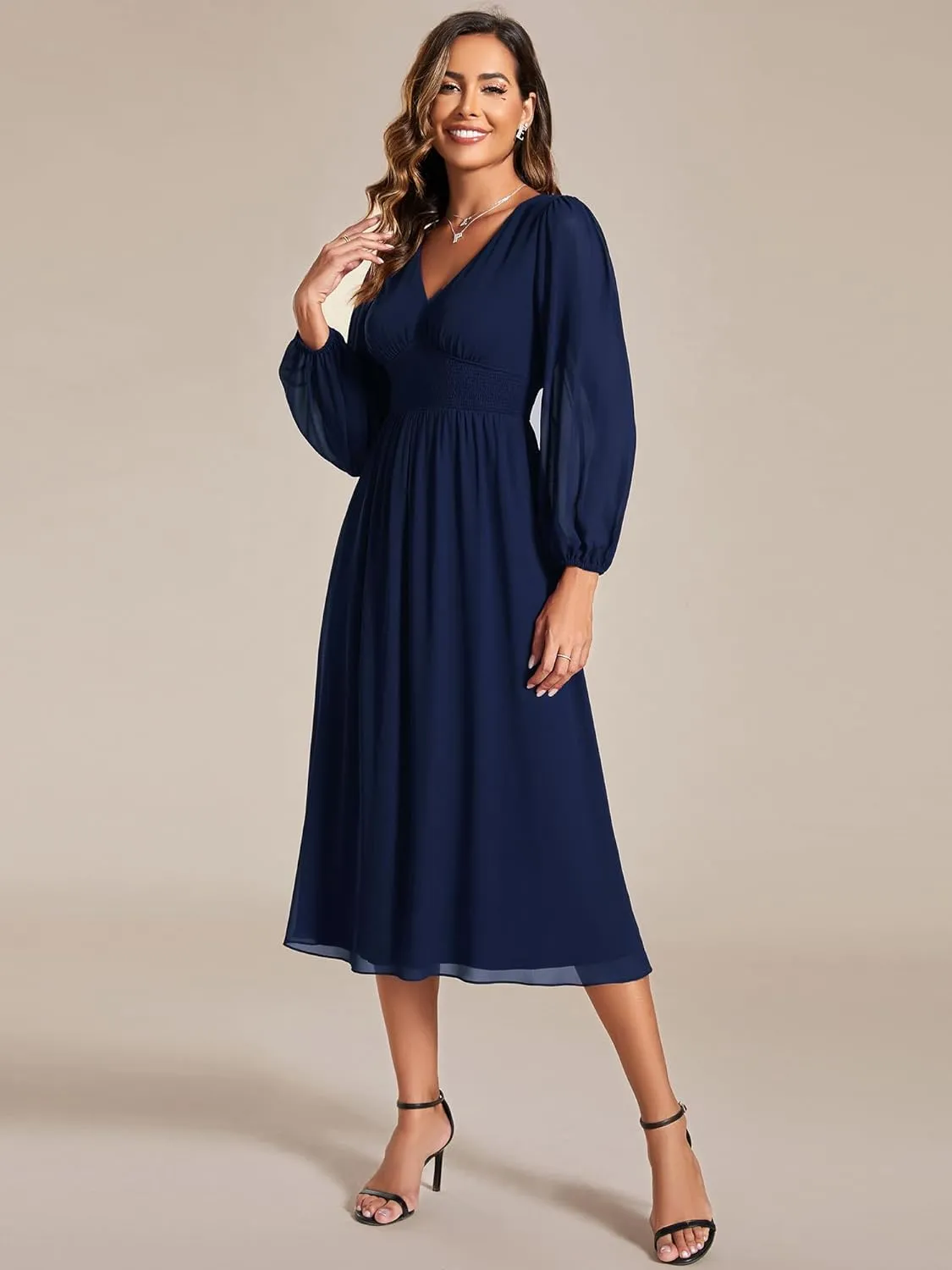 Ever-Pretty Women's Chiffon Long Sleeve Elastic Waist A-Line Knee Length Wedding Guest Dresses 01929