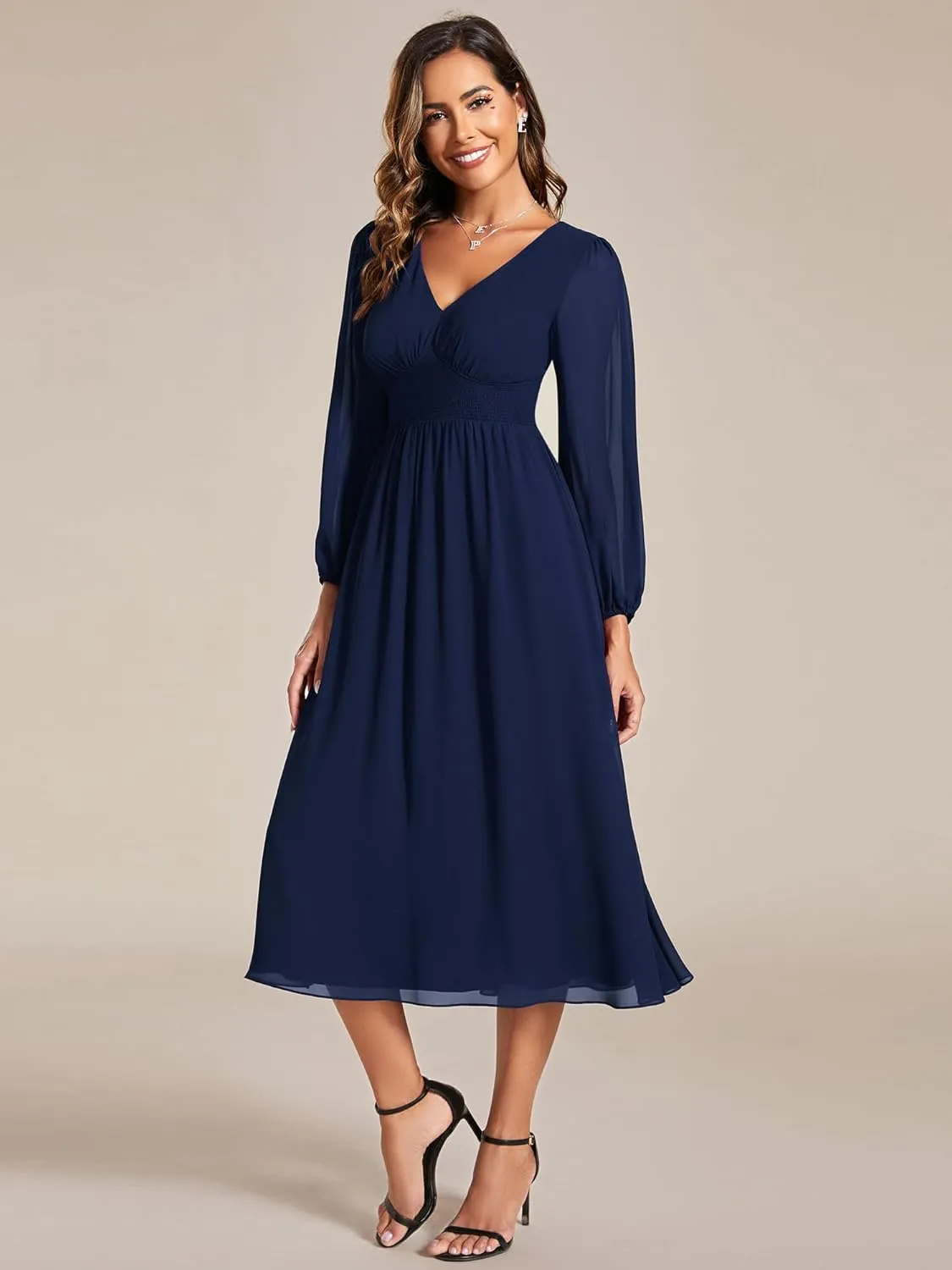Ever-Pretty Women's Chiffon Long Sleeve Elastic Waist A-Line Knee Length Wedding Guest Dresses 01929