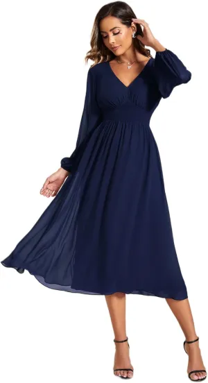 Ever-Pretty Women's Chiffon Long Sleeve Elastic Waist A-Line Knee Length Wedding Guest Dresses 01929