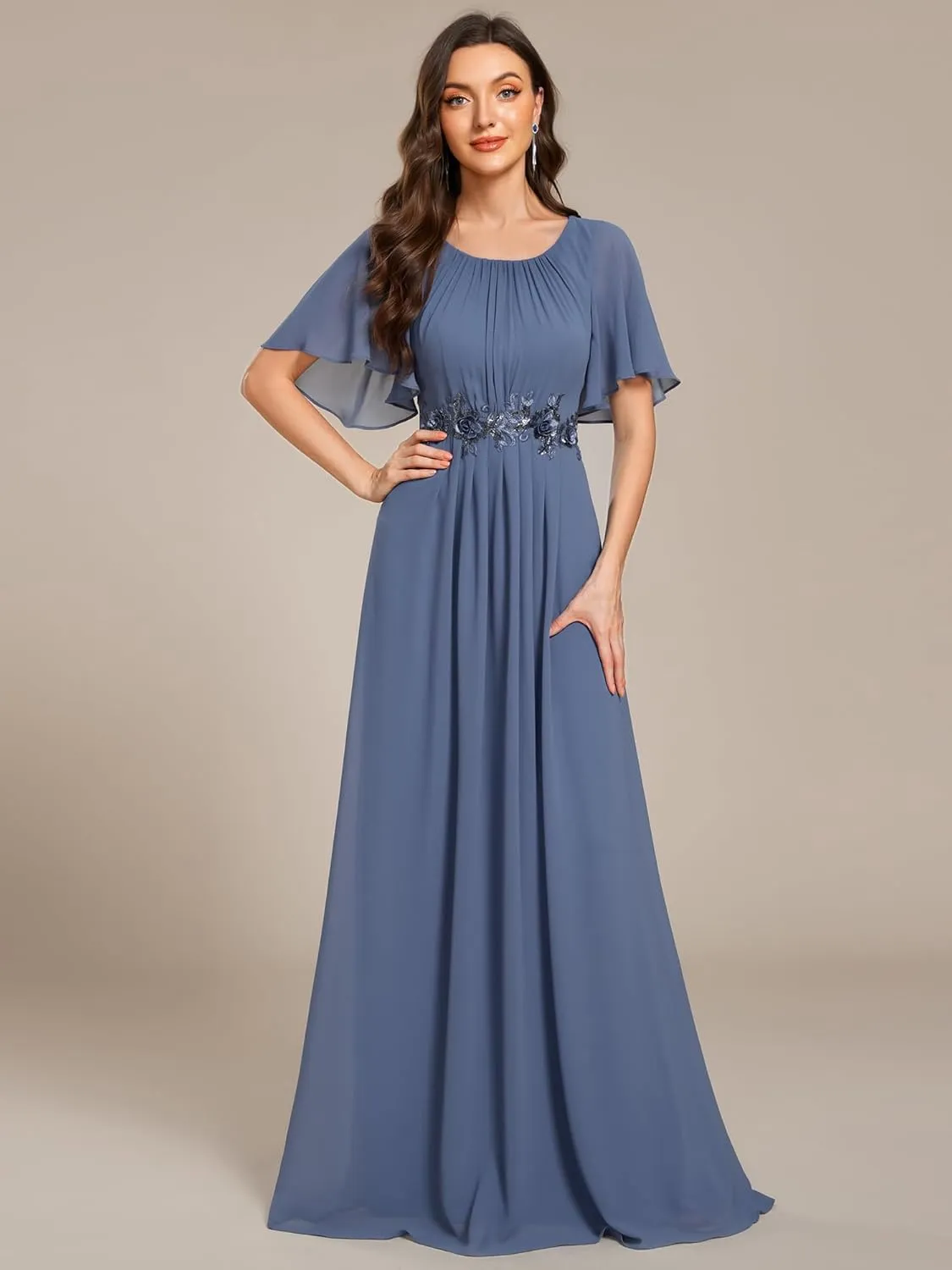 Ever-Pretty Women's Classic Round Neck Pleated Short Sleeves Chiffon Appliques Floor Length A Line Evening Dresses 02960