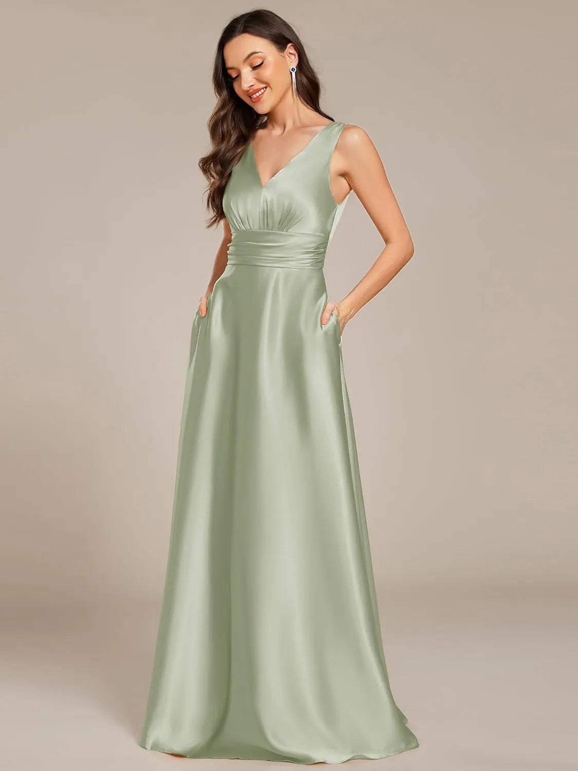Ever-Pretty Women's Double-V-Neck Floor-Length Empire Waist Satin Formal Dress with Pockets 02326