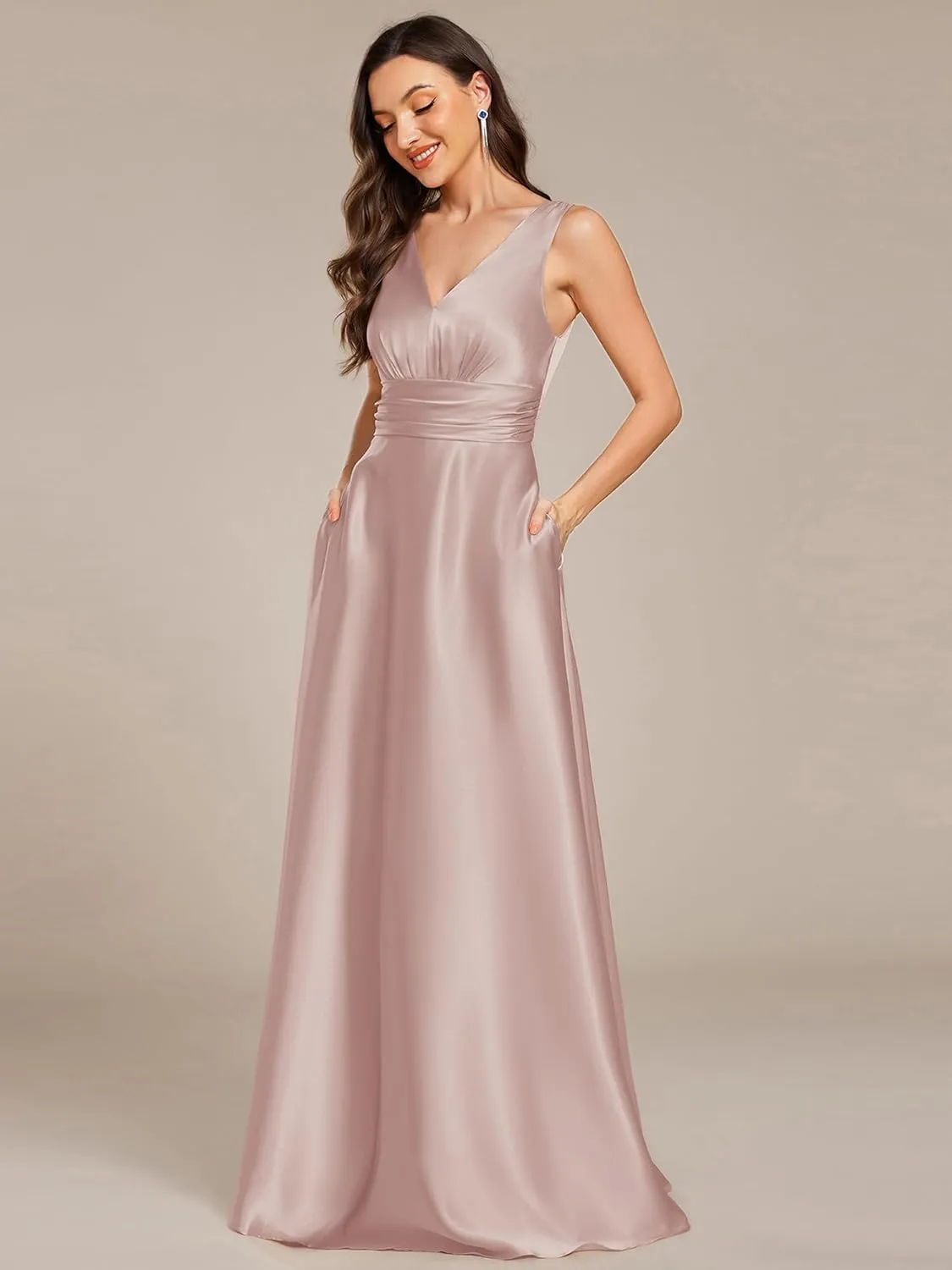Ever-Pretty Women's Double-V-Neck Floor-Length Empire Waist Satin Formal Dress with Pockets 02326
